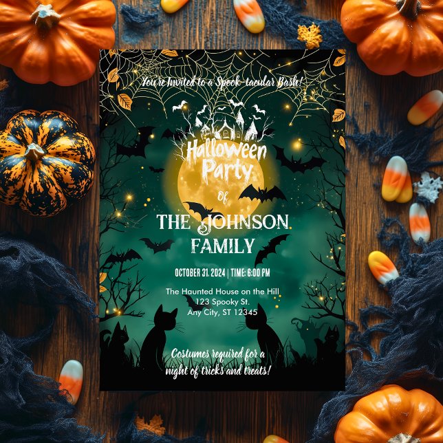 Convites Festa de Halloween Personalizada com Bats e Lua Co (Criador carregado)