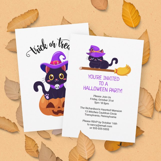 Convites Festa de Halloween Personalizada De Gatos De Bruxa (Front and Back View)