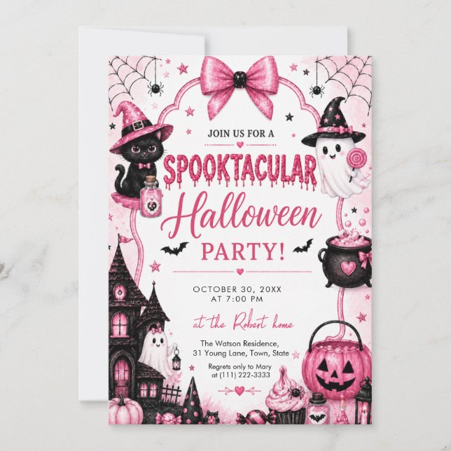 Convites Festa de Halloween Pink Coquette Espetacular (Frente)