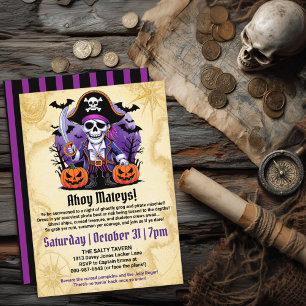 Convites Festa de Halloween Pirata Esqueleto Assustador