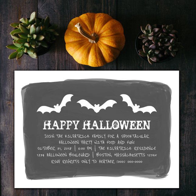 Convites Festa de Halloween Preta Branca Bats (Black and White Watercolor Bats Halloween Party Invite)