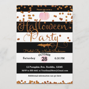 Convites Festa de Halloween Preto Branco Rosa Laranja Chic