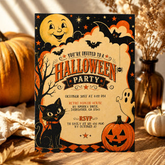 Convites Festa de Halloween Retro Elegante Laranja Preta