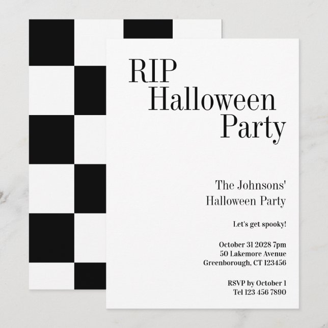 Convites Festa de Halloween RIP Xadrez Preto e Branco (Frente/Verso)