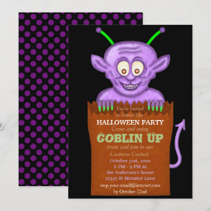 Convites Festa de Halloween Roxo Goblin Crianças Engraçadas