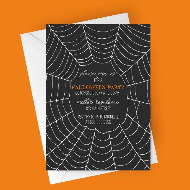 Convites Festa de Halloween Simples da Tepografia Aranha (Simple Typography Large Spiderweb Modern Halloween Party Invitation)