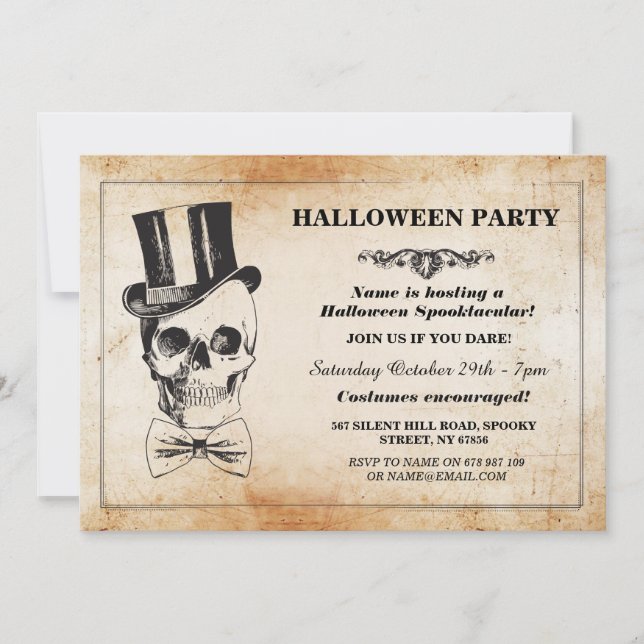 Convites Festa de Halloween - Skull Top Hat Arco Tie Spook  (Frente)