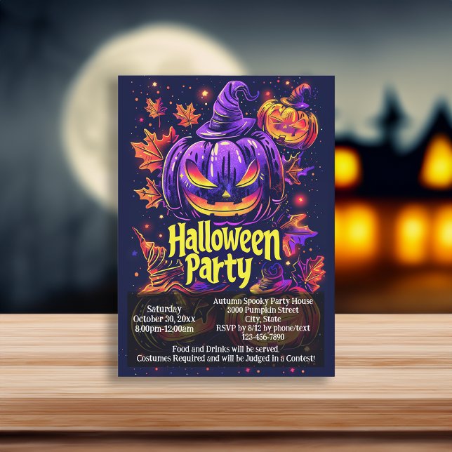 Convites Festa de Halloween Spooky Jack-O-Lanterna (purple black jack o lantern halloween invitation)