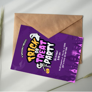 Convites Festa de Halloween 'Trick or Treat' Laranja Roxo