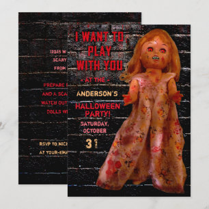 Convites Festa de Halloween Uma Boneca Assustadora Quer Bri