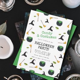 Convites Festa de Halloween Verde da Bruxa Broom Caldron