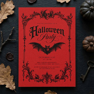 Convites Festa de Halloween Vermelha Gótica Vintage Misteri