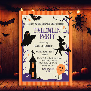 Convites Festa de Halloween Vintage Bruxa Morcego Assombrad