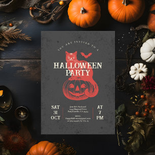 Convites Festa de Halloween Vintage Preto Morcego e Gato Ab