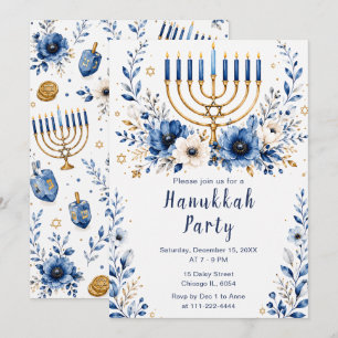 Convites Festa de Hanukkah Azul e Dourada
