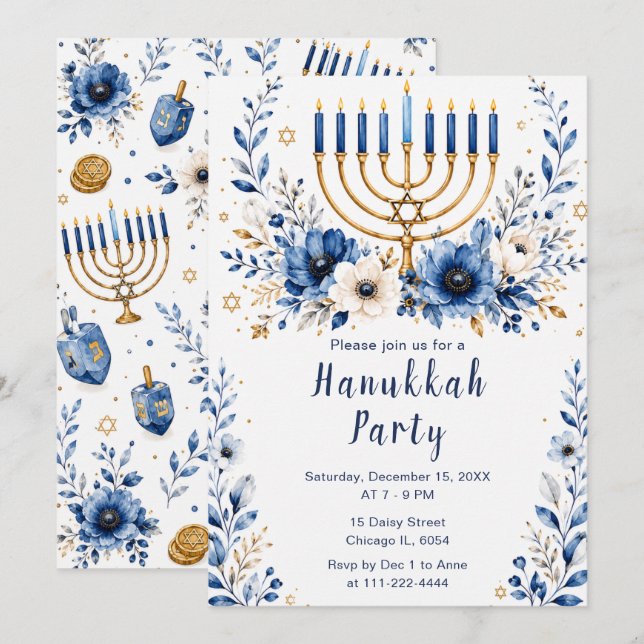 Convites Festa de Hanukkah Azul e Dourada (Frente/Verso)