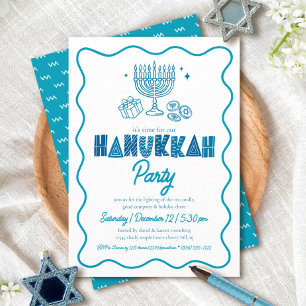 Convites Festa de Hanukkah com Tipografia Turquesa e Doodle