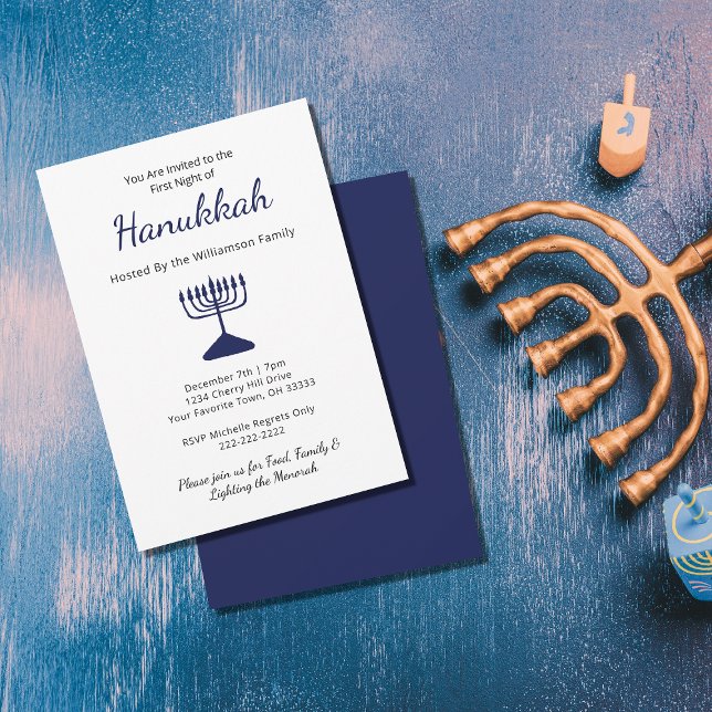 Convites Festa de Hanukkah da Família Simples Blue Menorah (Criador carregado)