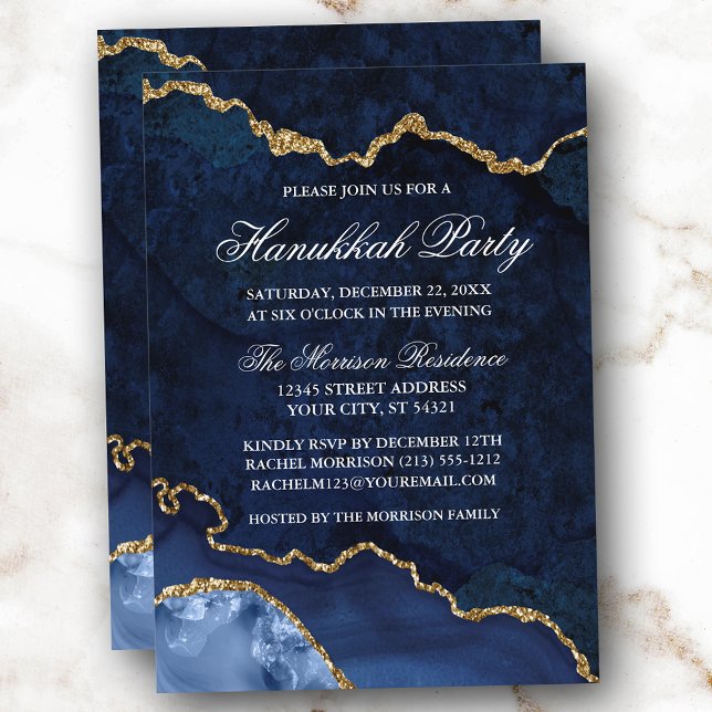 Convites Festa de Hanukkah, Dourada Marble Geode Azul, com  (Customize to change text size, text style or to add more text to back of card.)