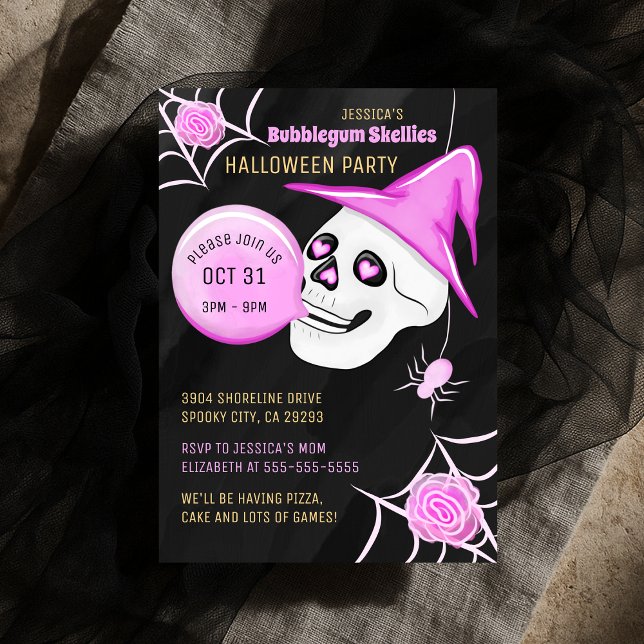 Convites Festa de Hat Bubblegum Skellies Halloween (PINK AND BLACK BUBBLEGUM SKELLIES HALLOWEEN PARTY INVITATION)
