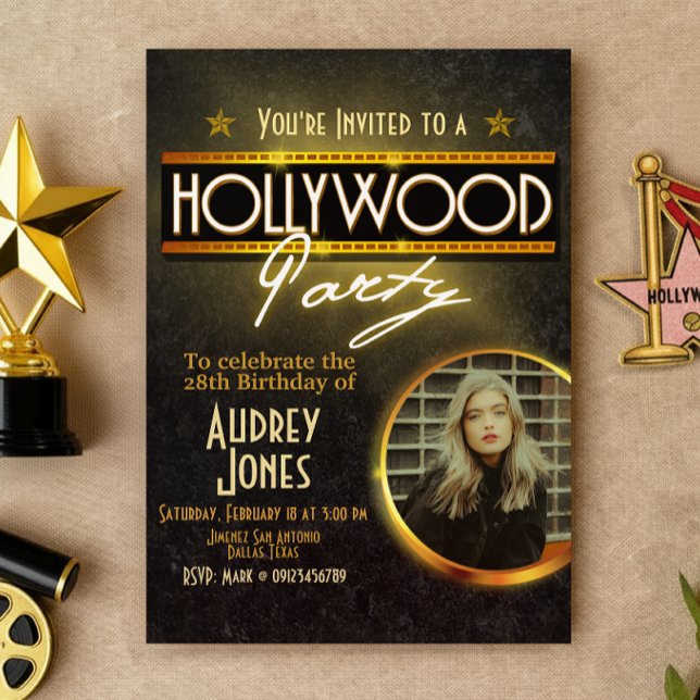 Convites Festa de Hollywood com Foto (Hollywood Party with Photo Invitation)