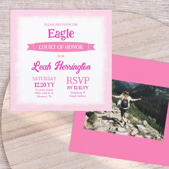 Convites Festa de Honra Águia Rosa e Branco (Pink eagle scout court of honor photo invitation with decorative banner ribbon, square announcement)