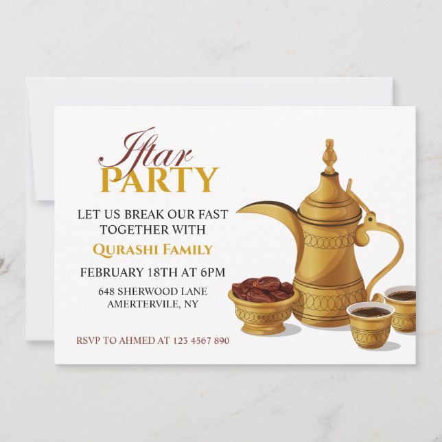 Convites Festa de Iftar com Café Árabe Dallah Dourado e Tâm (Frente)
