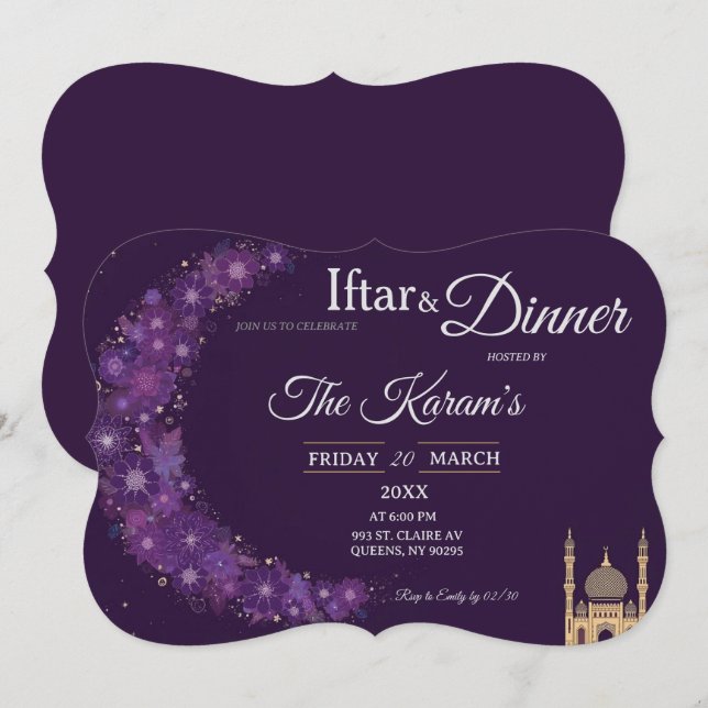 Convites Festa de Iftar do Ramadan da Mesquita Mínima Roxa (Frente/Verso)