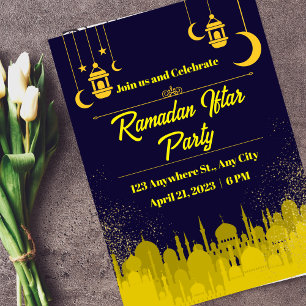 Convites Festa de Iftar do Ramadão Azul Escuro e Amarelo