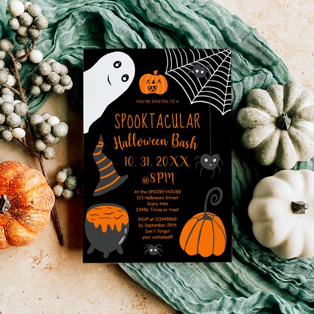 Convites Festa de ilustrações do Dia das Bruxas laranja par (Cute kids orange Halloween illustrations party Invitation)