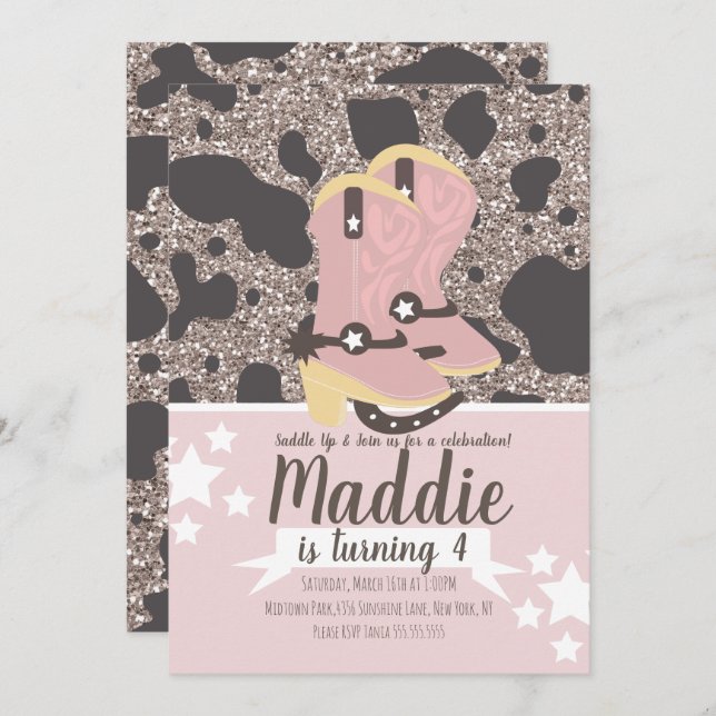 Convites Festa de Impressão de Vaca de Birthday Glitday (Frente/Verso)