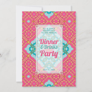 Convites Festa de Jantar Bebidas Boho Chic Dourado Rosa Tur