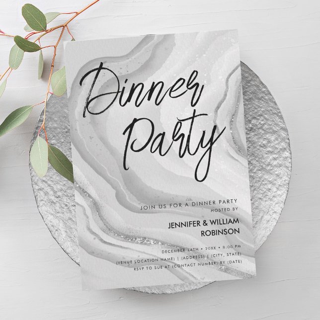 Convites Festa de Jantar com Letra de Mármore Brilhante Pra (Silver Glitter Marble Script Dinner Party Invitation)