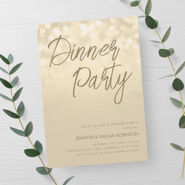 Convites Festa de Jantar com Luzes de Champanhe Dourado  (Gold Champagne Lights Script Dinner Party Invitation)
