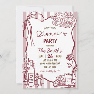 Convites Festa de Jantar com Vinho Manuscrito Doodle
