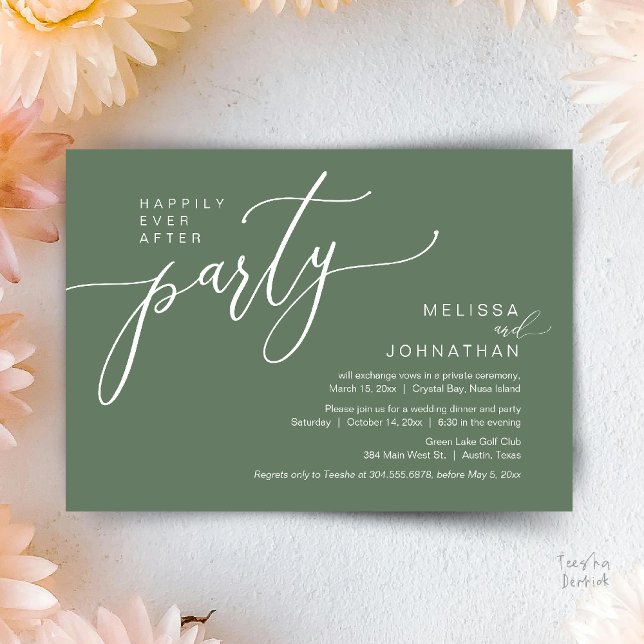 Convites Festa de Jantar de Casamento Elopement Felizes par (Happily Ever After Wedding Elopement Dinner Party Invitation card, in Sage Green)