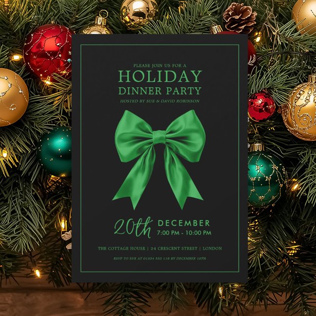 Convites Festa de Jantar de Feriado Laço de Seda Verde Pret (Holiday Dinner Party Green Satin Bow Black Invitation)