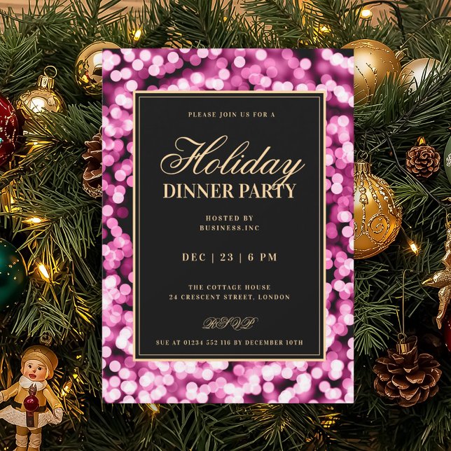 Convites Festa de Jantar de Férias Black & Pink Glam Lights (Black & Pink Glam Lights Holiday Dinner Party Invitation)