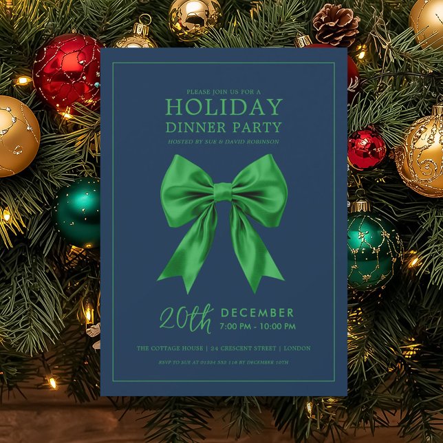 Convites Festa de Jantar de Férias Laço de Seda Verde Azul- (Holiday Dinner Party Green Satin Bow Navy Invitation)
