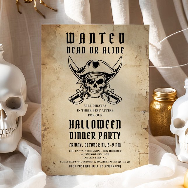 Convites Festa de Jantar de Halloween Caveira Pirata Vintag (Vintage Pirate Skull Halloween Dinner Party Invitation)