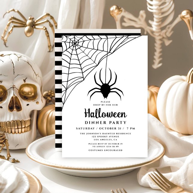 Convites Festa de Jantar de Halloween de Aranha Preta Fofa (Cute Black Spider Halloween Dinner Party Invitation)