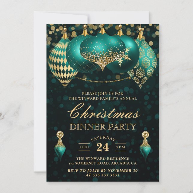 Convites Festa de Jantar de Natal com Bolas de Natal Elegan (Frente)