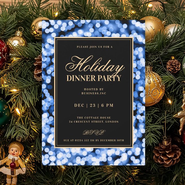 Convites Festa de Jantar de Natal com Luzes Glam Black & Az (Black & Navy Blue Glam Lights Holiday Dinner Party Invitation)