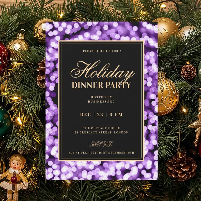 Convites Festa de Jantar de Natal com Luzes Glam Black & Pu (Black & Purple Glam Lights Holiday Dinner Party Invitation)