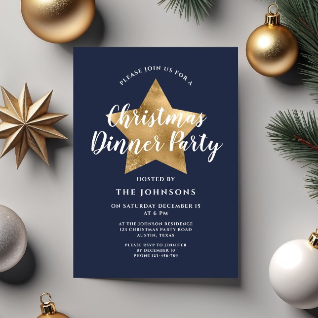 Convites Festa de Jantar de Natal Elegante Estrela Dourada  (Elegant Navy Blue Gold Star Christmas Dinner Party Invitation)
