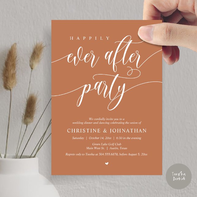 Convites Festa de Jantar e Dança Felizes para Sempre (Happily Ever After Party Dinner Dancing Modern Invitation Card, PDF, in Copper Brown Terracotta)