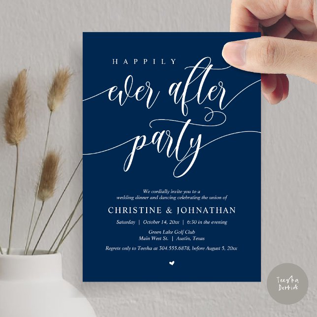 Convites Festa de Jantar e Dança Felizes para Sempre (Happily Ever After Party Dinner Dancing Modern Invitation Card, PDF, in Navy Blue)