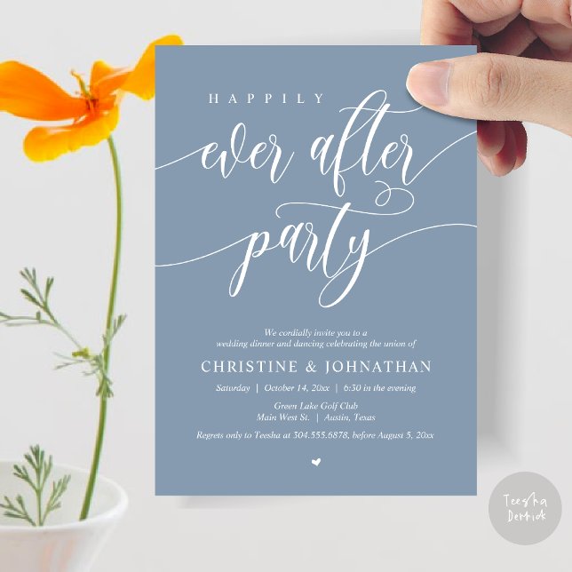 Convites Festa de Jantar e Dança Felizes para Sempre (Happily Ever After Party Dinner Dancing Modern Invitation Card, PDF, in Dusty Blue)