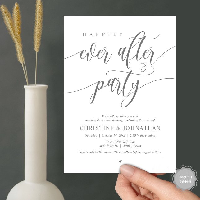 Convites Festa de Jantar e Dança Felizes para Sempre (Happily Ever After Party Dinner Dancing Modern Invitation Card, PDF, in Dark Grey)