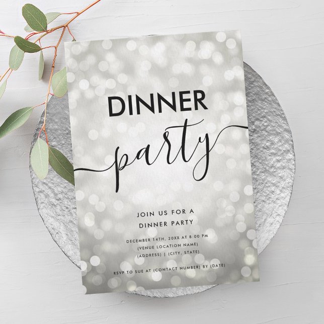 Convites Festa de Jantar Luzes Glitter Prata Moderna  (Modern Silver Glitter Lights Dinner Party Invitation)